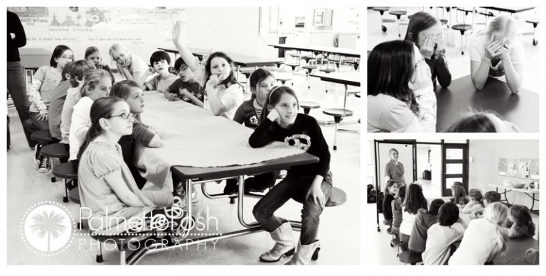 kids sitting at table, class art project