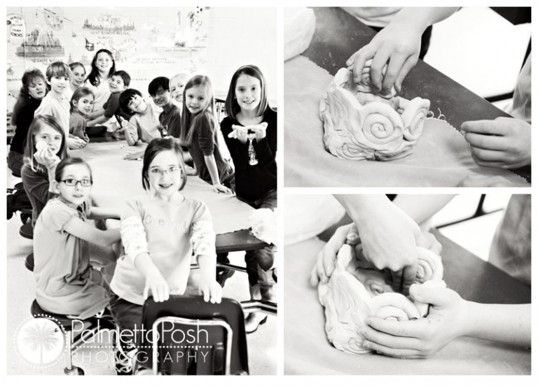 hands making clay base, class smiling