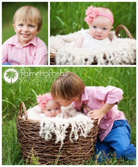 sibling photos, baby in a basket, brother kissing baby sister